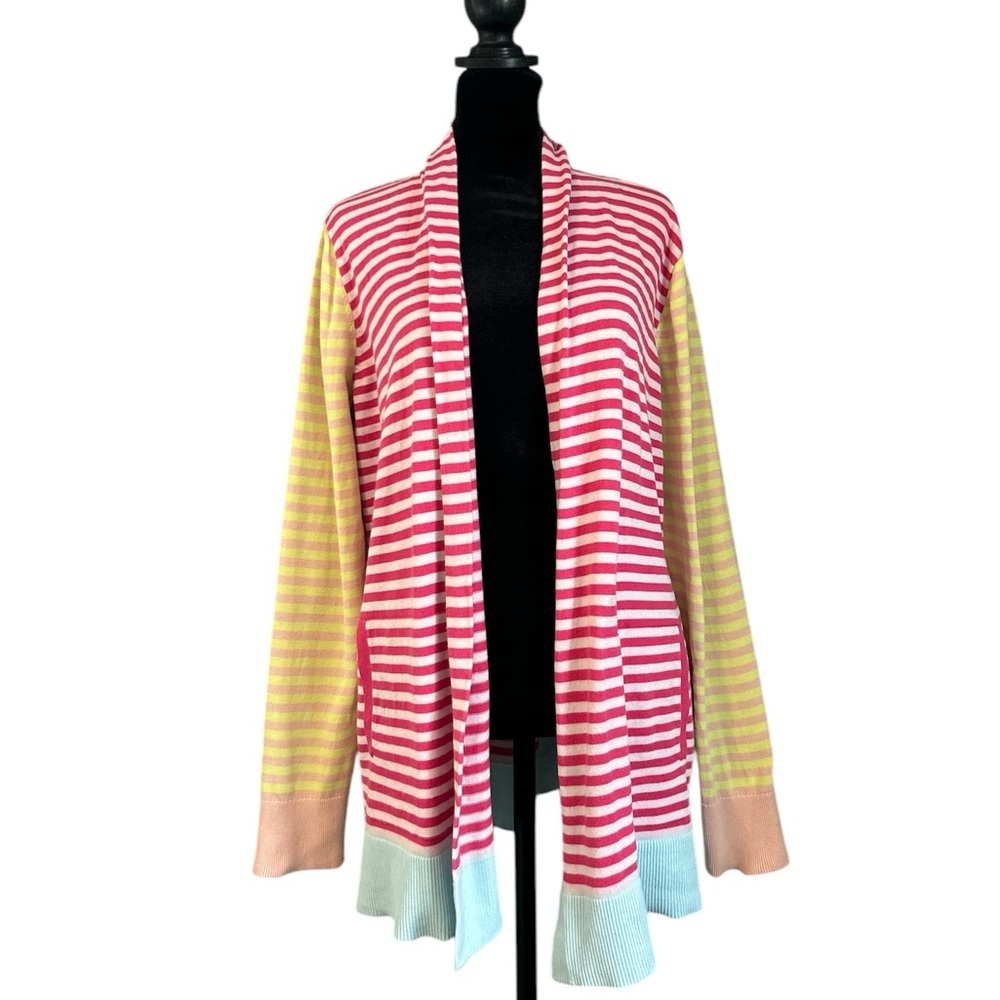 Lands’ End Striped Multi Color Open Front Long Cardigan With Pockets 100% Cotton